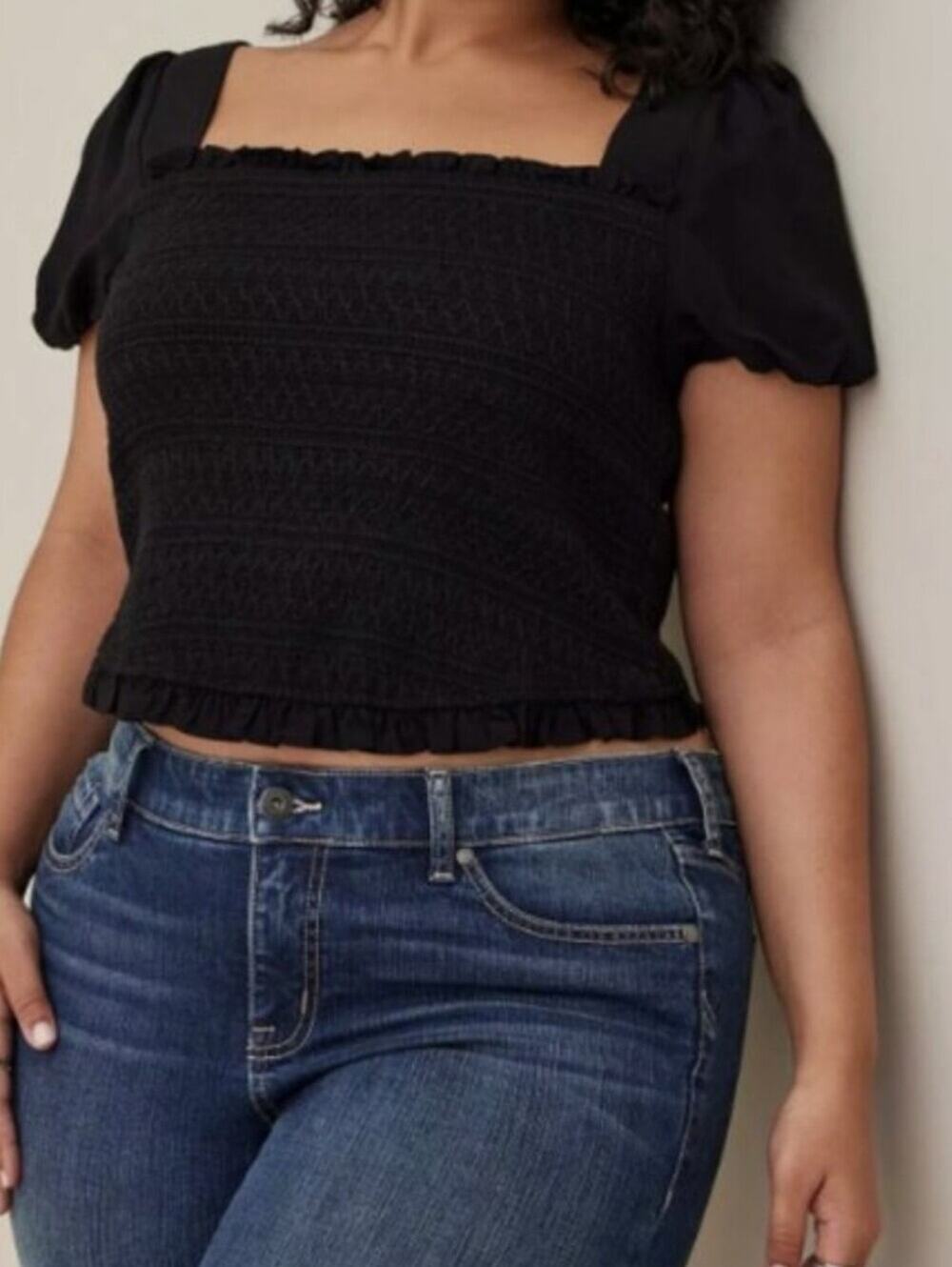 Torrid Stretch Challis Smocked Puff Sleeve Crop Top Blouse Black Size 4/4x